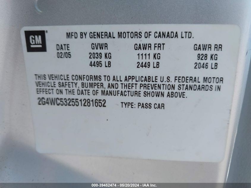 2005 Buick Lacrosse Cx VIN: 2G4WC532551281652 Lot: 39452474