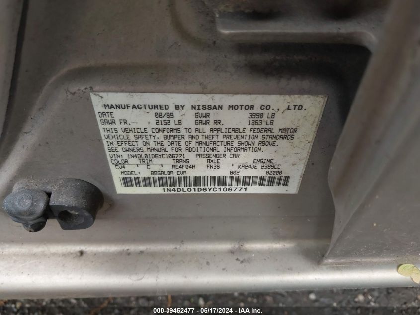 1N4DL01D6YC106771 2000 Nissan Altima Gle/Gxe/Se/Xe