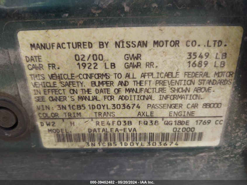 2000 Nissan Sentra Gxe/Xe VIN: 3N1CB51D0YL303674 Lot: 39452482