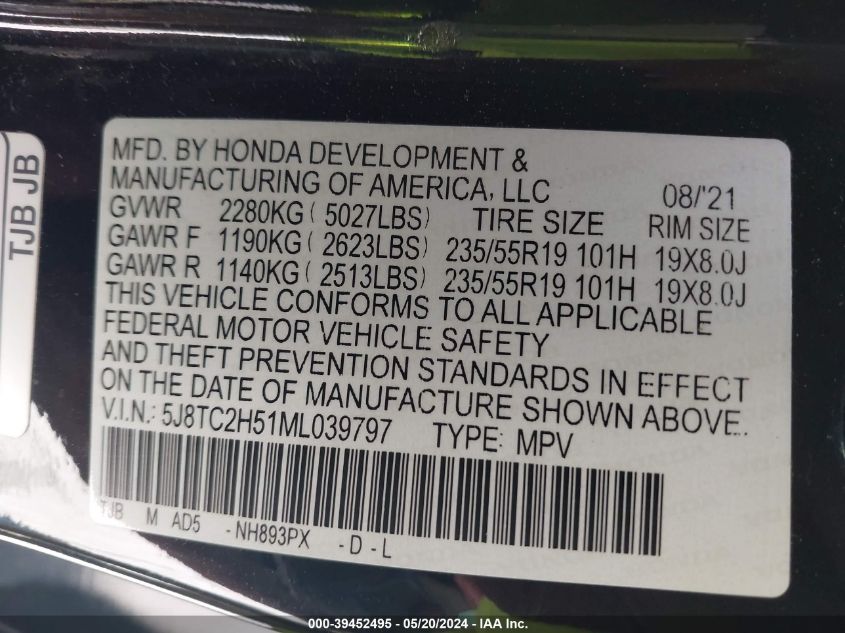 2021 Acura Rdx Technology Package VIN: 5J8TC2H51ML039797 Lot: 39452495
