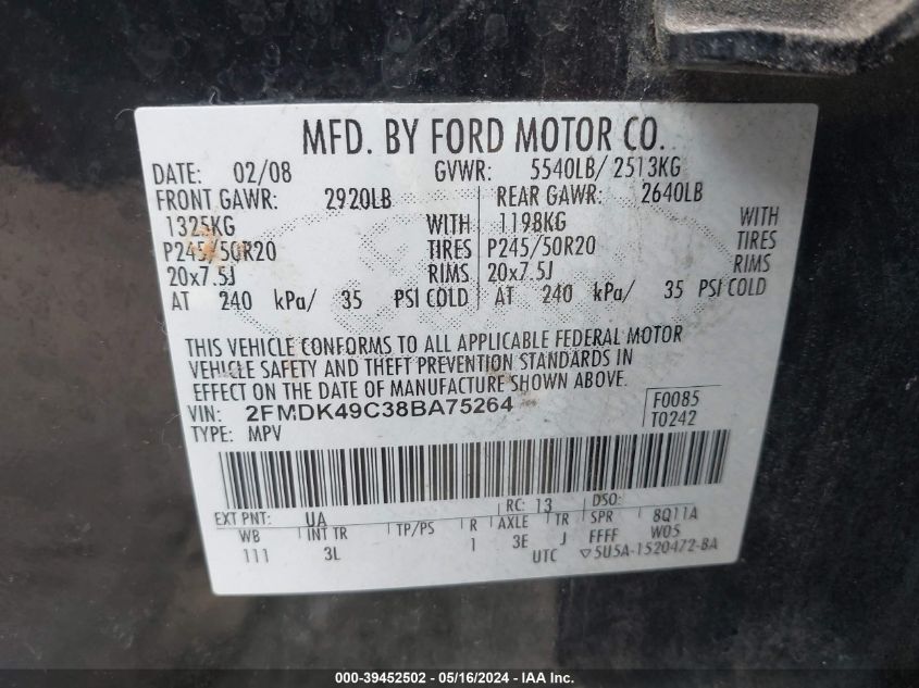 2008 Ford Edge Limited VIN: 2FMDK49C38BA75264 Lot: 39452502