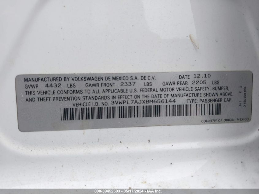 2011 Volkswagen Jetta Tdi VIN: 3VWPL7AJXBM656144 Lot: 39452503