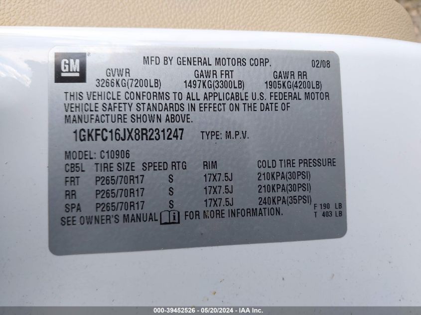 2008 GMC Yukon Xl 1500 Slt VIN: 1GKFC16JX8R231247 Lot: 39452526
