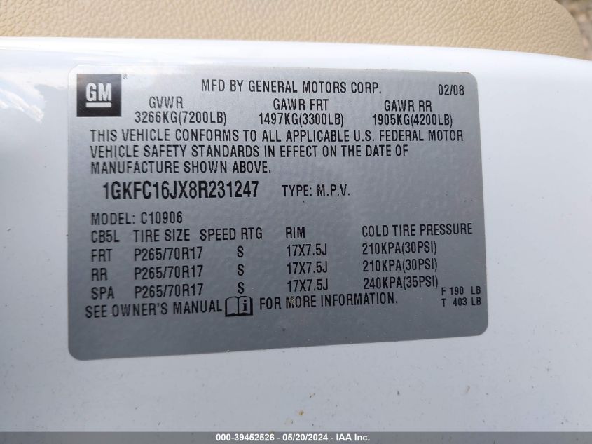 2008 GMC Yukon Xl 1500 Slt VIN: 1GKFC16JX8R231247 Lot: 39452526
