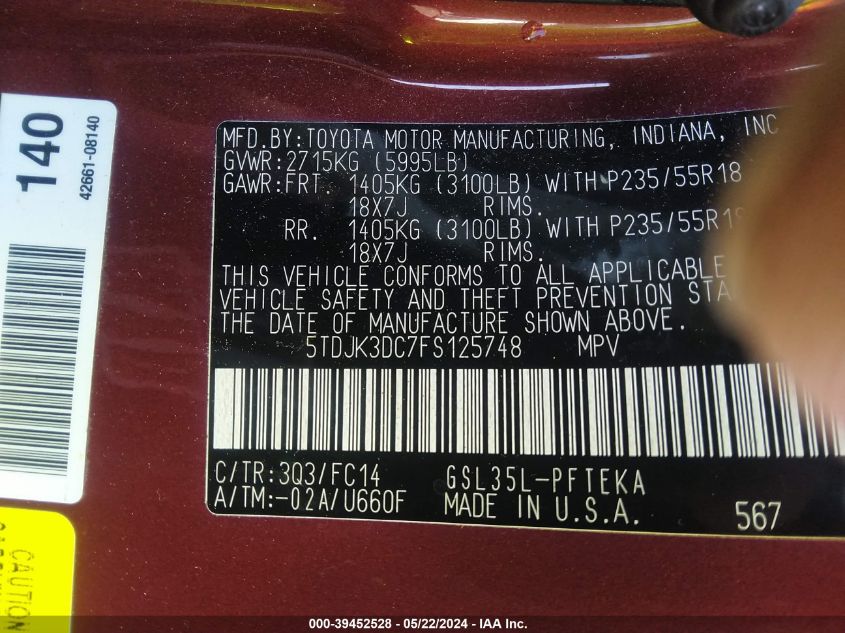 2015 Toyota Sienna Le 7 Passenger VIN: 5TDJK3DC7FS125748 Lot: 39452528