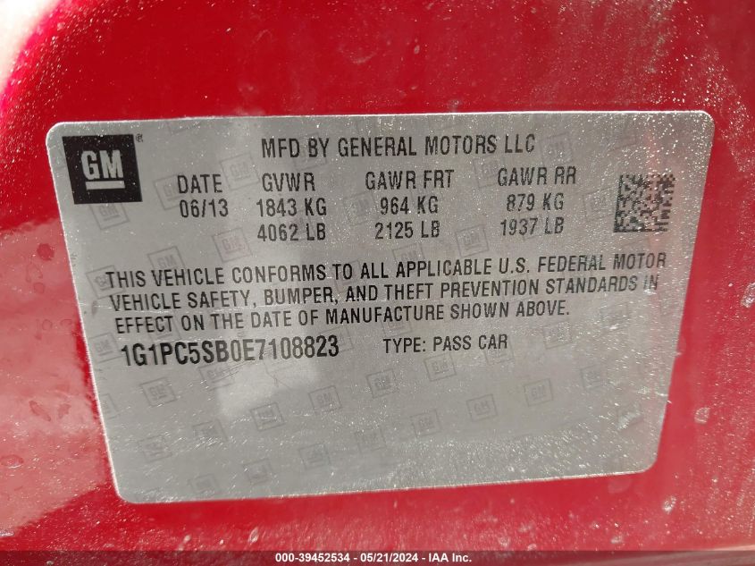 2014 Chevrolet Cruze 1Lt Auto VIN: 1G1PC5SB0E7108823 Lot: 39452534