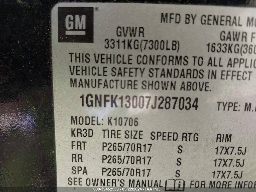 2007 Chevrolet Tahoe Lt VIN: 1GNFK13007J287034 Lot: 39452539