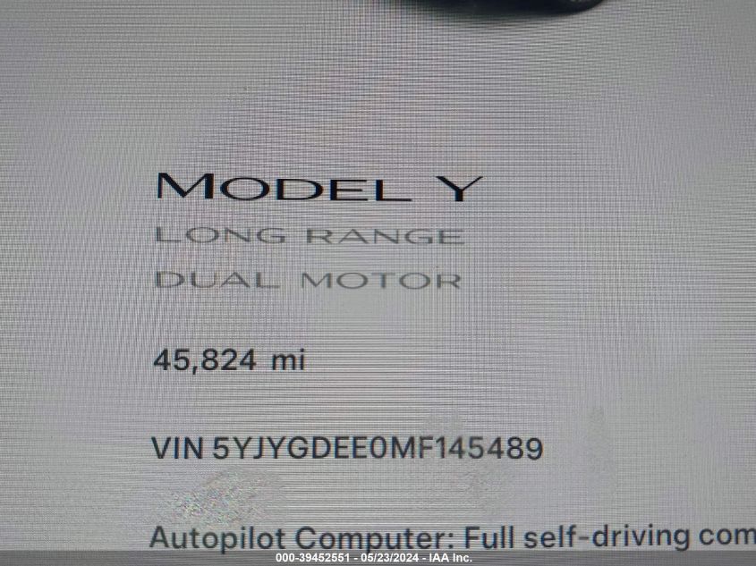 2021 Tesla Model Y Long Range Dual Motor All-Wheel Drive VIN: 5YJYGDEE0MF145489 Lot: 39452551