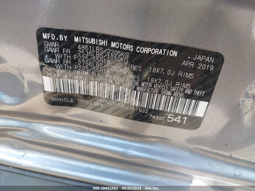 2019 Mitsubishi Outlander Sel VIN: JA4AZ3A39KZ051932 Lot: 39452562