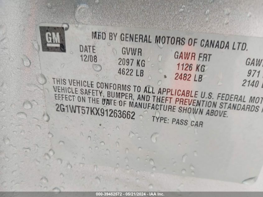 2009 Chevrolet Impala Lt VIN: 2G1WT57KX91263662 Lot: 39452572