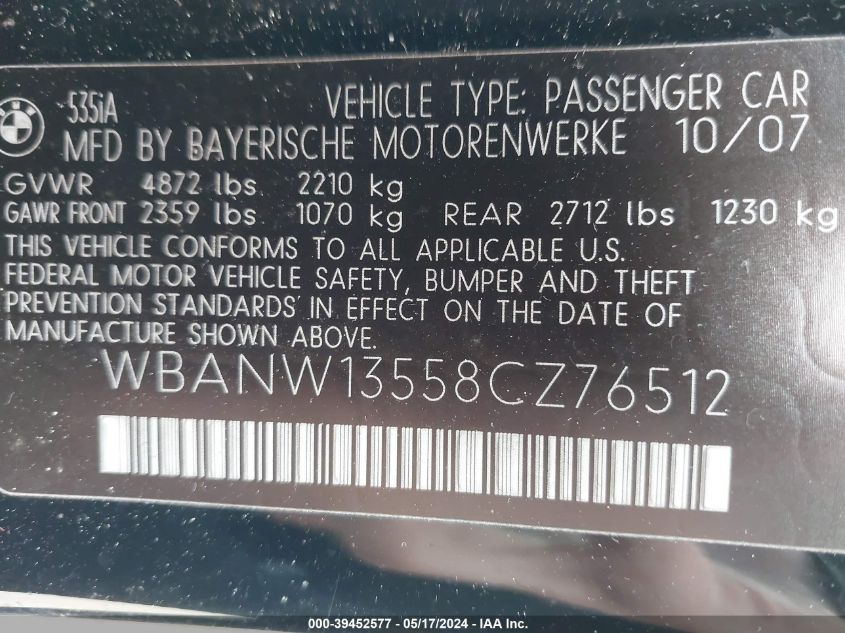 2008 BMW 535I VIN: WBANW13558CZ76512 Lot: 39452577