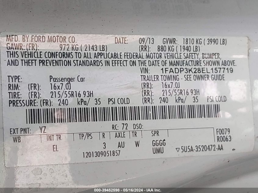 2014 Ford Focus Se VIN: 1FADP3K28EL157719 Lot: 39452598