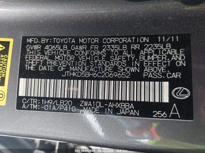 2012 Lexus Ct 200H Premium VIN: JTHKD5BH6C2069652 Lot: 39452600