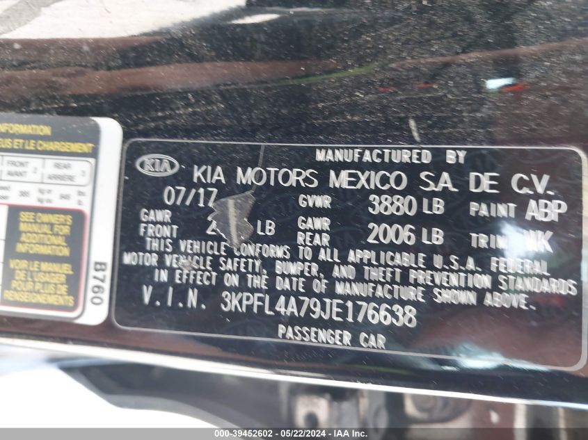 2018 Kia Forte Lx VIN: 3KPFL4A79JE176638 Lot: 39452602