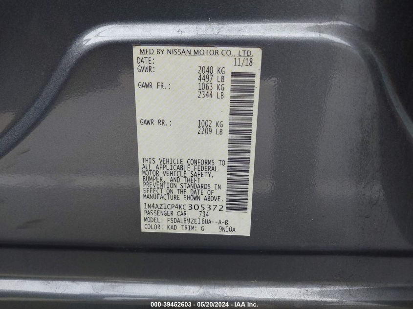 2019 Nissan Leaf S VIN: 1N4AZ1CP4KC305372 Lot: 39452603