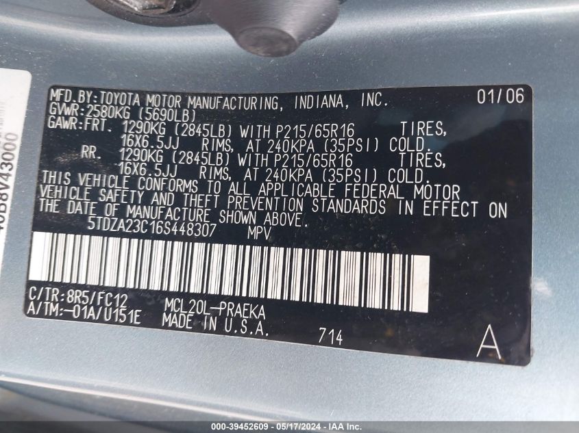 2006 Toyota Sienna Le VIN: 5TDZA23C16S448307 Lot: 39452609