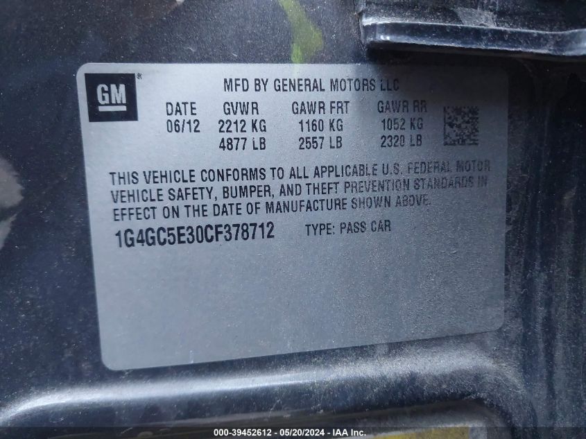 2012 Buick Lacrosse Leather Group VIN: 1G4GC5E30CF378712 Lot: 39452612