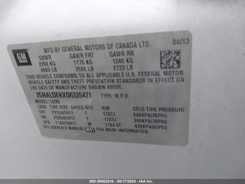 2013 Chevrolet Equinox 1Lt VIN: 2GNALDEKXD6326471 Lot: 39452616