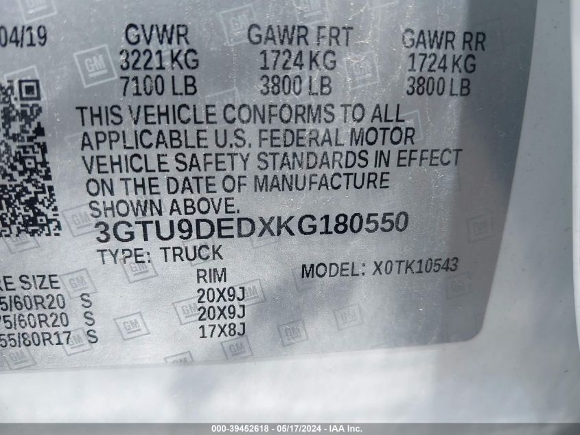 2019 GMC Sierra 1500 Slt VIN: 3GTU9DEDXKG180550 Lot: 39452618