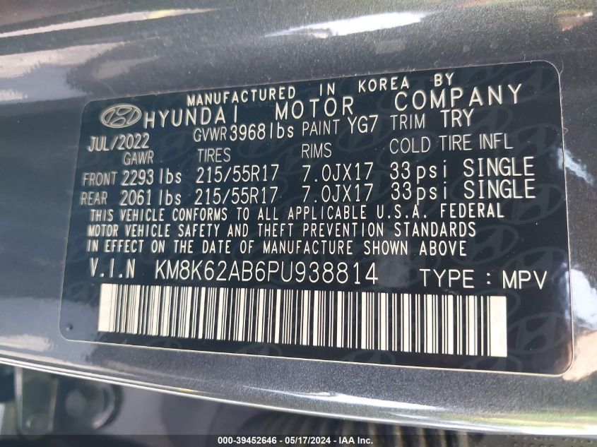 2023 Hyundai Kona Sel VIN: KM8K62AB6PU938814 Lot: 39452646