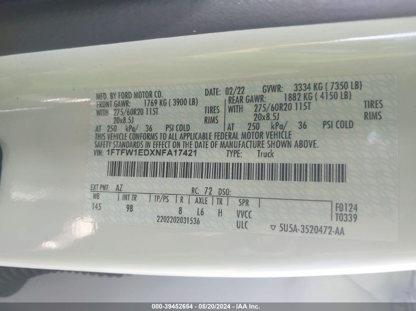 2022 Ford F-150 Platinum VIN: 1FTFW1EDXNFA17421 Lot: 39452654