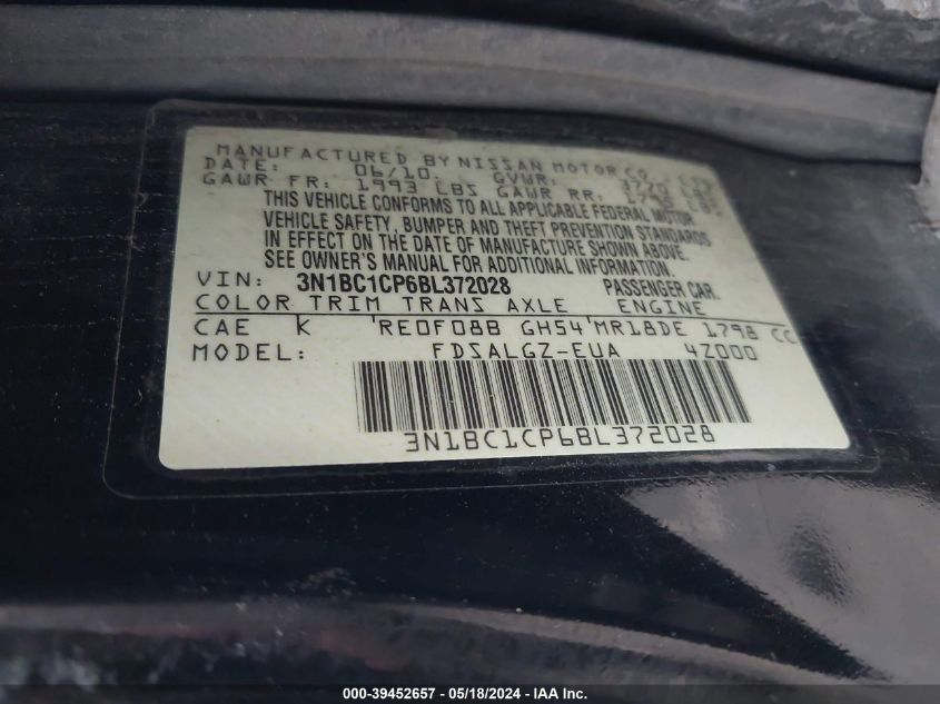 2011 Nissan Versa 1.8Sl VIN: 3N1BC1CP6BL372028 Lot: 39452657