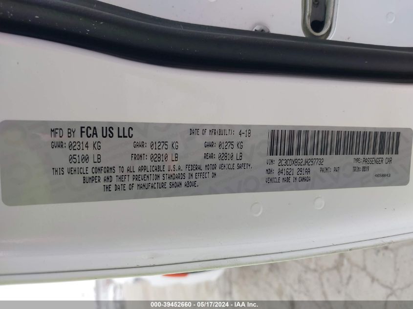 2018 Dodge Charger Sxt Rwd VIN: 2C3CDXBG2JH297732 Lot: 39452660