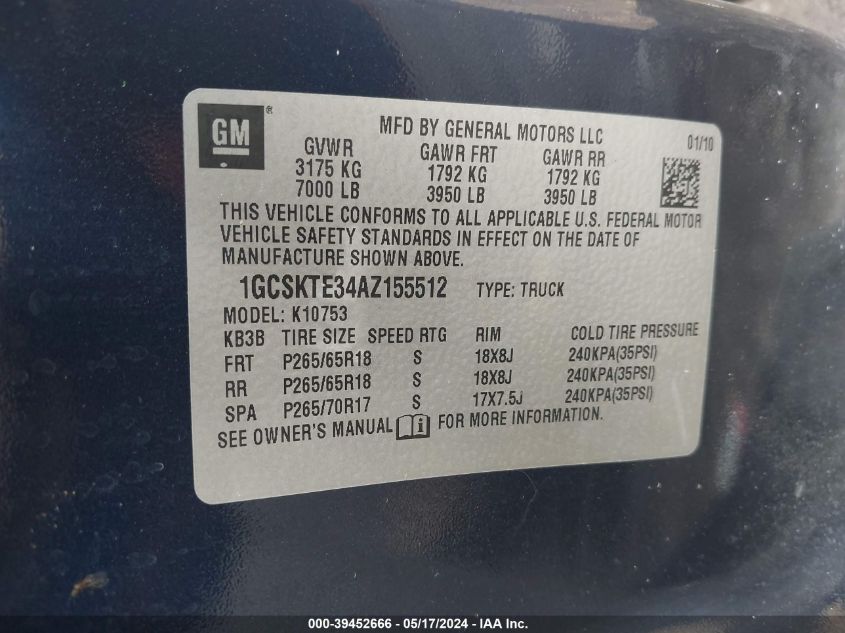 2010 Chevrolet Silverado 1500 Ltz VIN: 1GCSKTE34AZ155512 Lot: 39452666