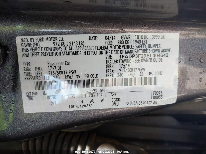 1FADP3F29EL304642 2014 Ford Focus Se