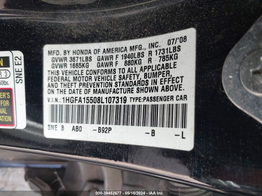 2008 Honda Civic Lx VIN: 1HGFA15508L107319 Lot: 39452677