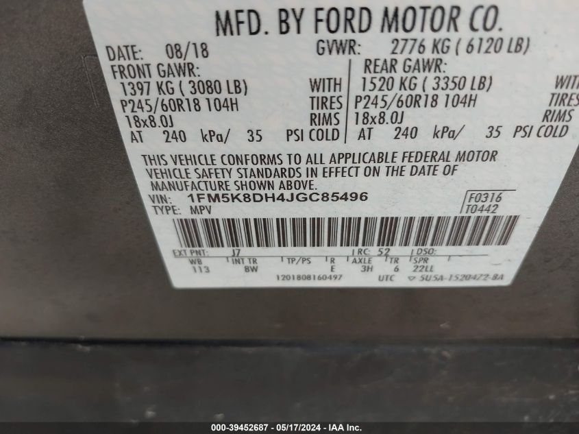 2018 Ford Explorer Xlt VIN: 1FM5K8DH4JGC85496 Lot: 39452687