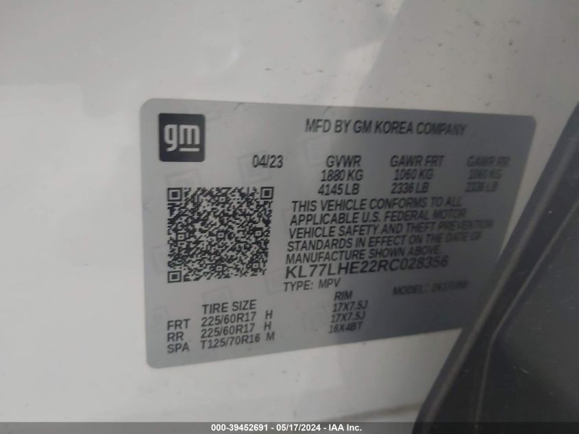 2024 Chevrolet Trax Fwd Lt VIN: KL77LHE22RC028356 Lot: 39452691