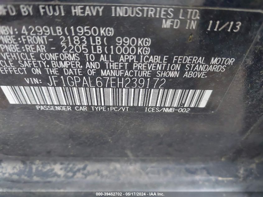 2014 Subaru Impreza 2.0I Sport Premium VIN: JF1GPAL67EH239172 Lot: 39452702