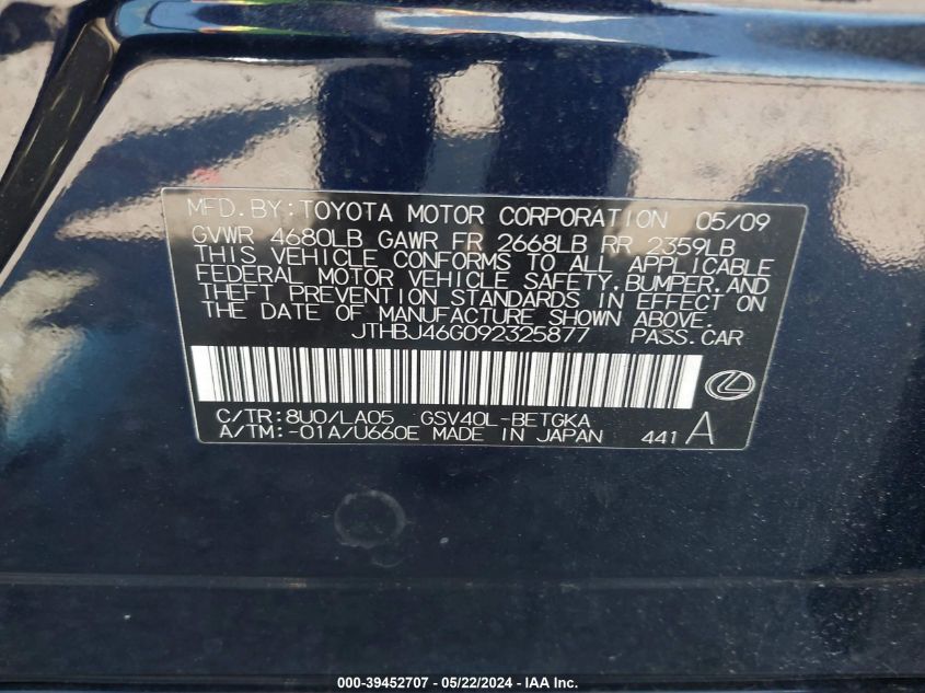 2009 Lexus Es 350 VIN: JTHBJ46G092325877 Lot: 39452707