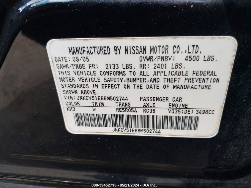 2006 Infiniti G35 VIN: JNKCV51E66M502744 Lot: 39452715