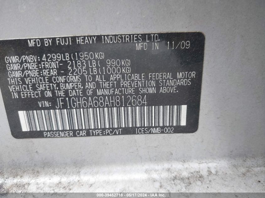 2010 Subaru Impreza 2.5I VIN: JF1GH6A68AH812684 Lot: 39452718