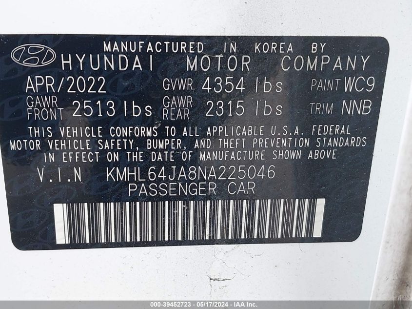 2022 Hyundai Sonata Sel VIN: KMHL64JA8NA225046 Lot: 39452723