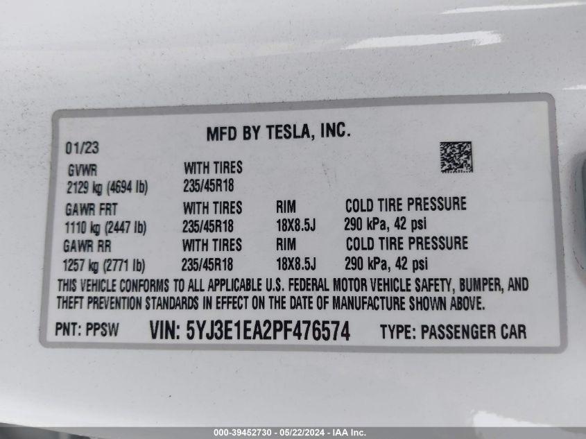2023 Tesla Model 3 Rear-Wheel Drive VIN: 5YJ3E1EA2PF476574 Lot: 39452730