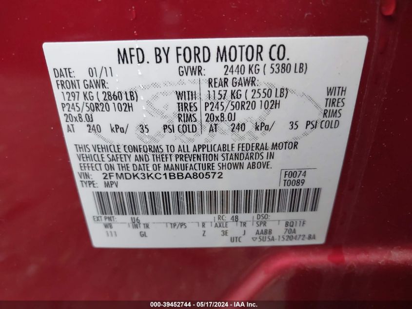 2011 Ford Edge Limited VIN: 2FMDK3KC1BBA80572 Lot: 39452744