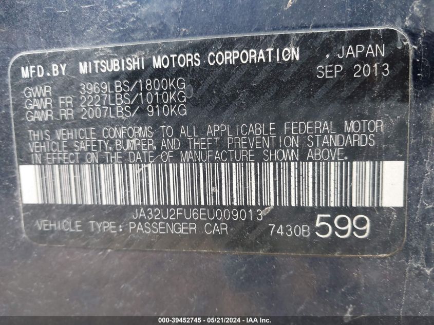 2014 Mitsubishi Lancer Es VIN: JA32U2FU6EU009013 Lot: 39452745