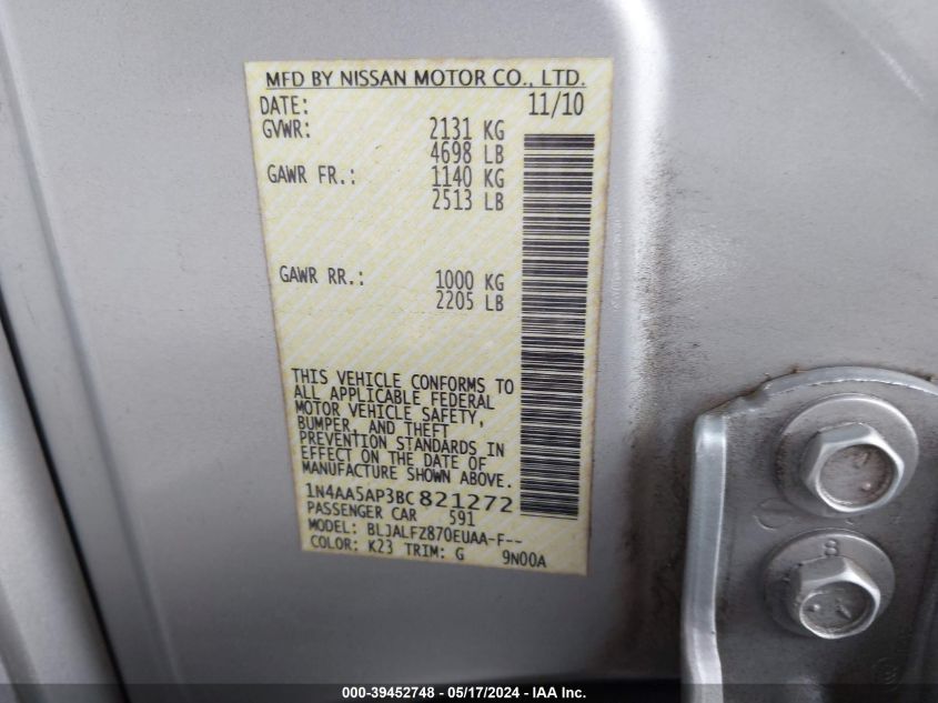 2011 Nissan Maxima 3.5 Sv VIN: 1N4AA5AP3BC821272 Lot: 39452748