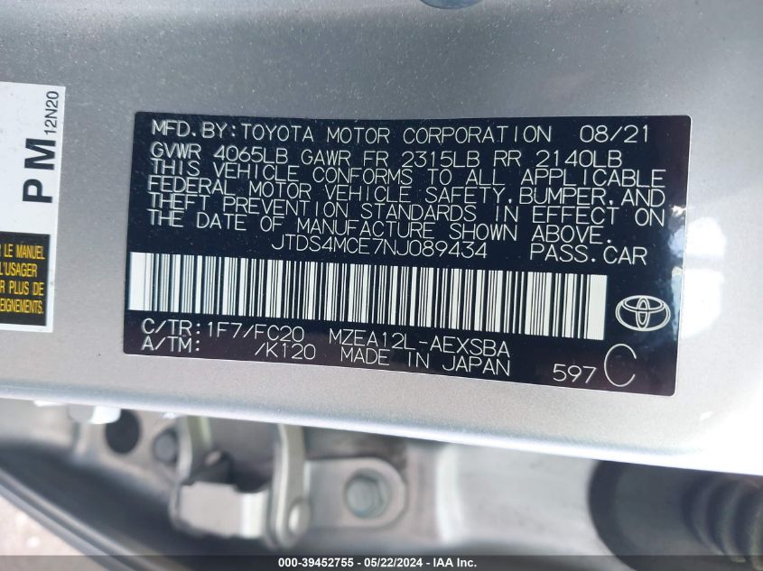 JTDS4MCE7NJ089434 2022 Toyota Corolla Se