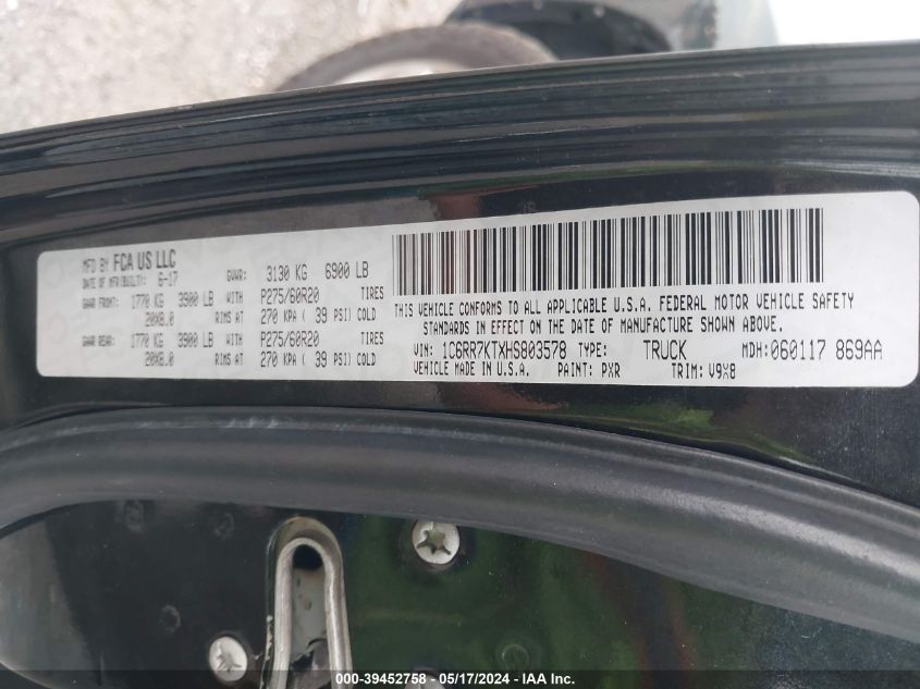 2017 Ram 1500 Express 4X4 5'7 Box VIN: 1C6RR7KTXHS803578 Lot: 39452758