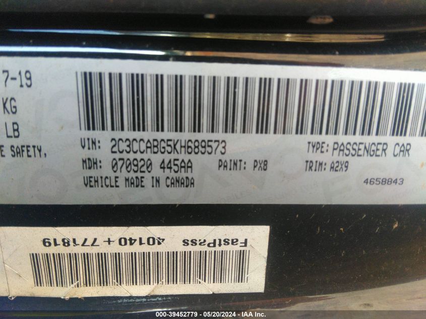 2019 Chrysler 300 300S VIN: 2C3CCABG5KH689573 Lot: 39452779