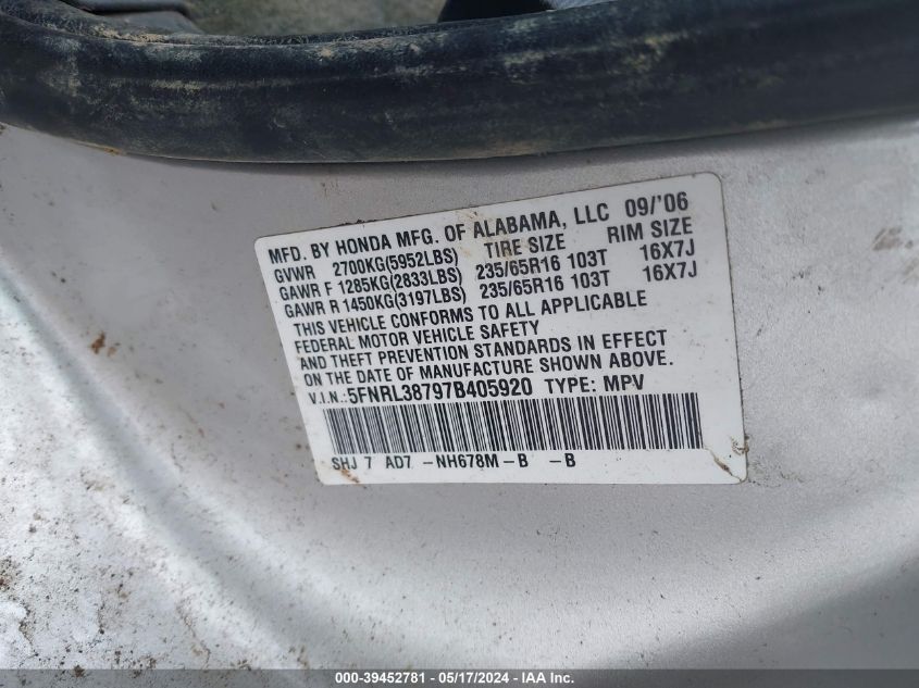 2007 Honda Odyssey Ex-L VIN: 5FNRL38797B405920 Lot: 39452781