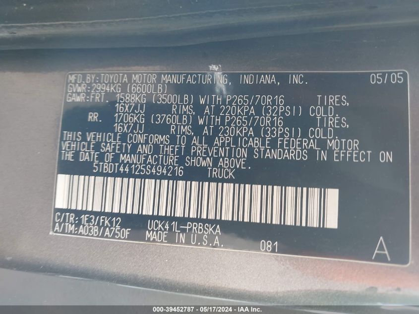 2005 Toyota Tundra Sr5 V8 VIN: 5TBDT44125S494216 Lot: 39452787