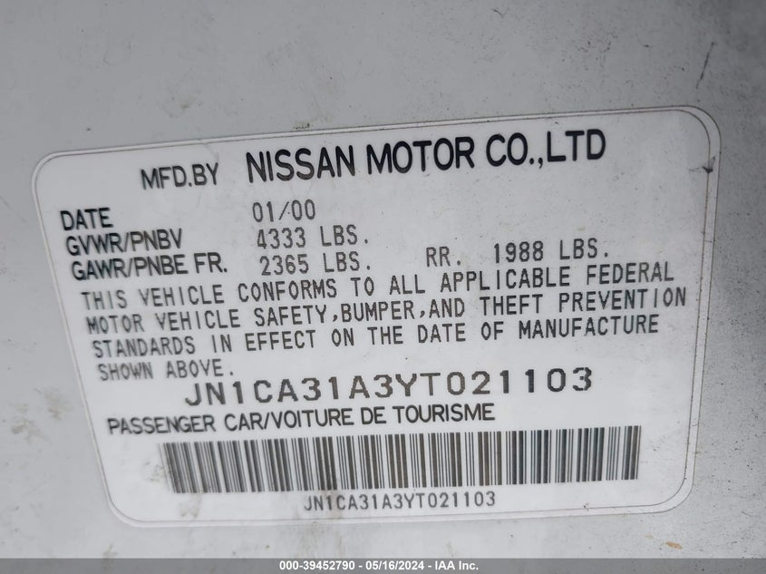 2000 Nissan Maxima Gle/Gxe/Se VIN: JN1CA31A3YT021103 Lot: 39452790