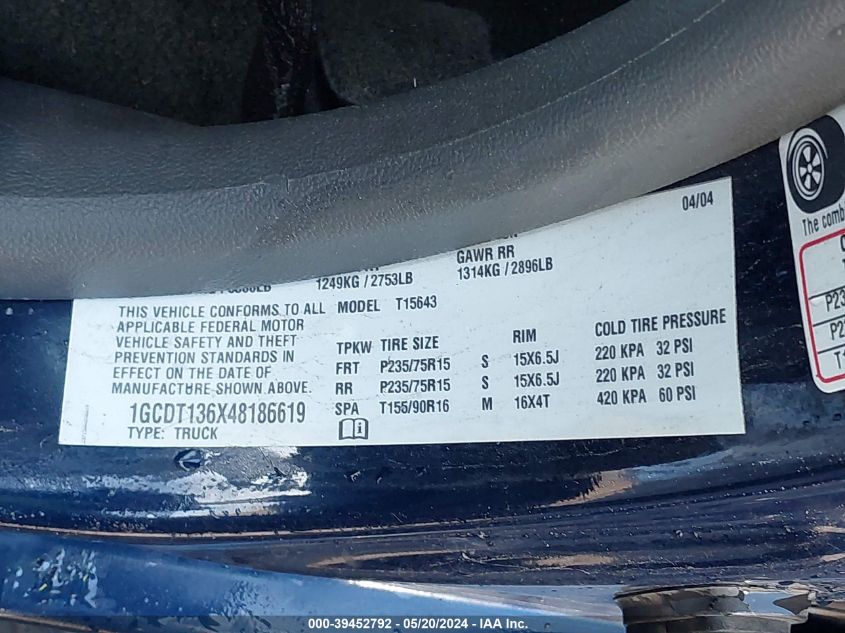 2004 Chevrolet Colorado Ls VIN: 1GCDT136X48186619 Lot: 39452792