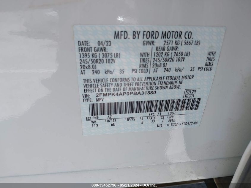 2023 Ford Edge St VIN: 2FMPK4AP0PBA31880 Lot: 39452796