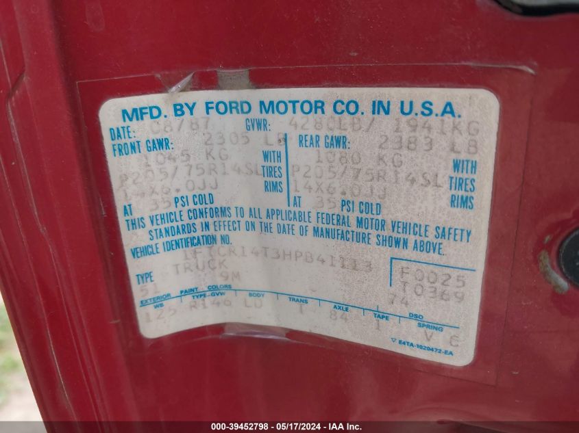 1987 Ford Ranger Super Cab VIN: 1FTCR14T3HPB41113 Lot: 39452798